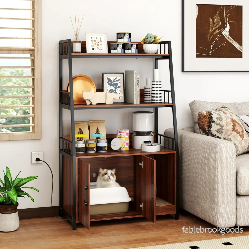 Kattenskåp – med bokhylla laddstation nivåer klösmatta och ingång – 3 80 x 40 x 132 cm – Valnöt - Bild 3