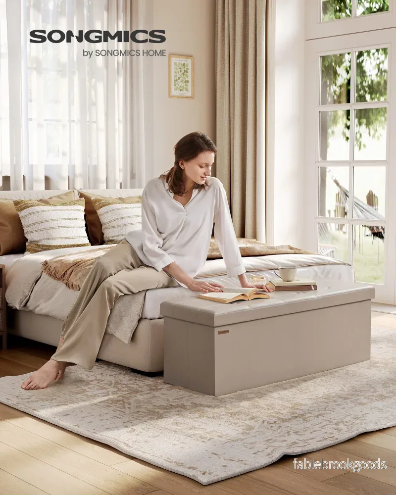 Opbergbank - 110 cm - Opvouwbaar - Kunstleer - Lichtbeige - Bild 2