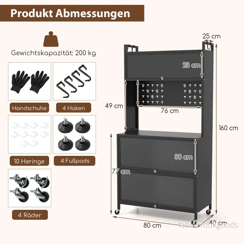 Kökskåp – hög köksregal med hjul bufféskåp fällbara dörrar pegboard – 80 x 40 x 160 cm – Svart - Bild 2