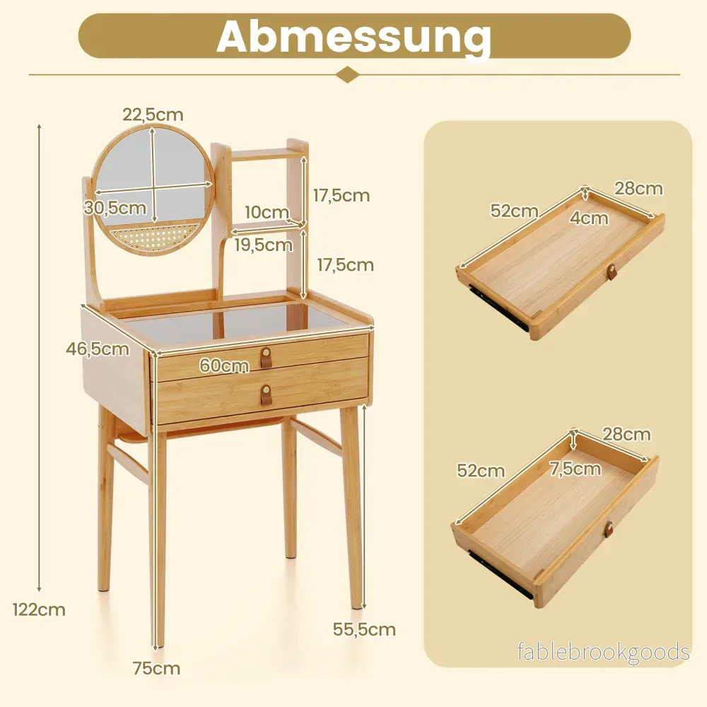 Liten – sminkbord med spegel kompakt frisörbord lådor öppna hyllor – 60 cm 2 – Natur - Bild 2