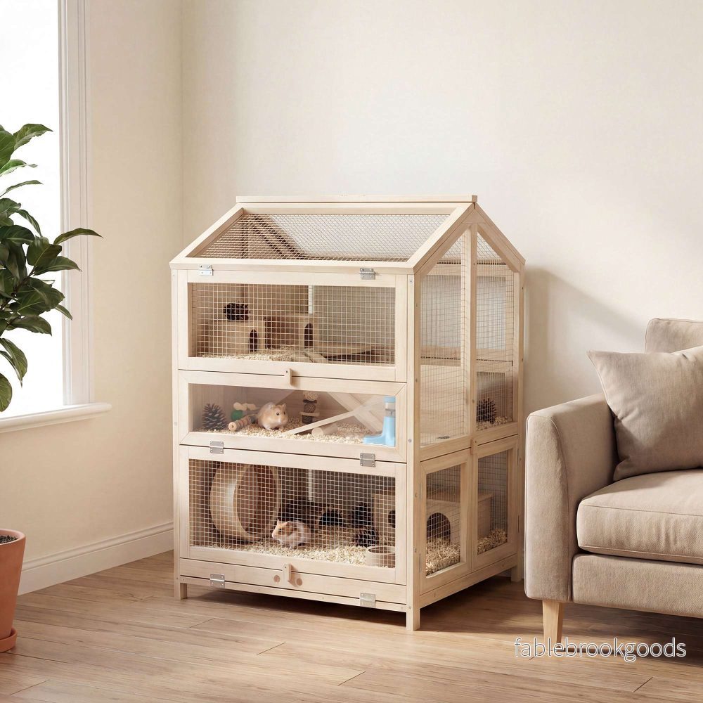 Hamsterbur, 3-vånings trähabitat med ramper, 68x61,5x90 cm - Bild 2