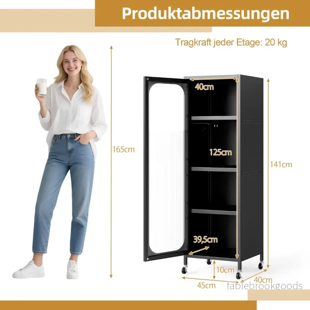 vånings – metallskåp för kök, högt smalt multifunktionsskåp med justerbara hyllor – 5 – Svart - Bild 2