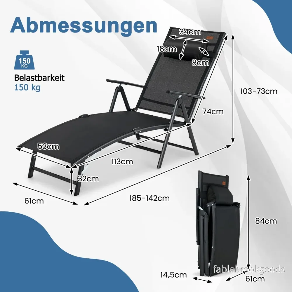 Solstol – Trädgårdsstol med nackstöd justerbara ryggstöd – 7 – Svart - Bild 2