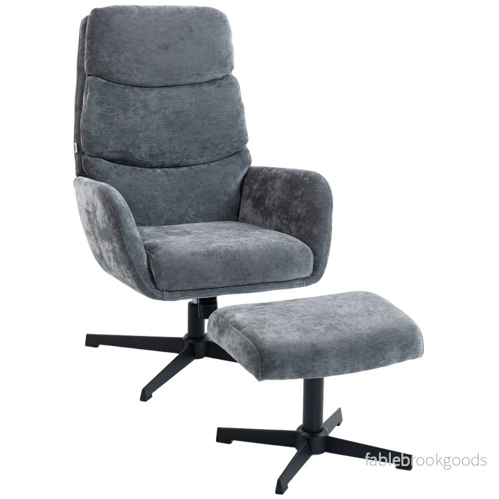 Loungefåtölj med fotpall, hög rygg, metallbas, grå