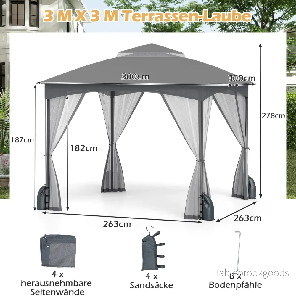 Paviljong – med myggnät, sandsäckar och dubbelt tak, vattentålig, stabil, vinterbeständig för terrass – 4 3 x 3 m – Grå - Bild 2