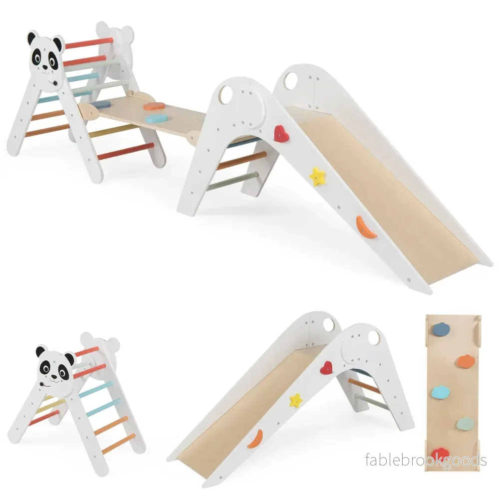 Hopfällbart – klättringstriangel set i trä, Montessori klättringsset med pandamönster – Vit