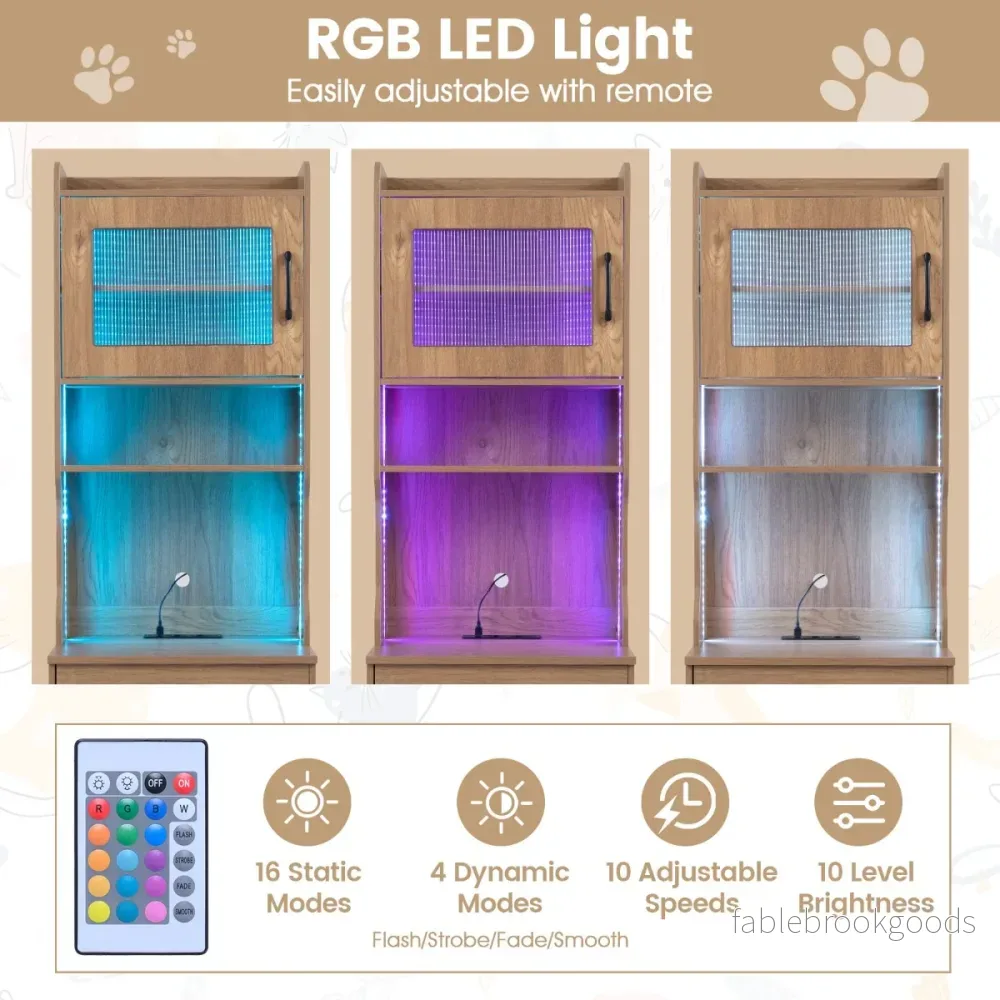 Kattlådaskåp – med Justerbart LED Ljus och Hylla Laddstation Kattsandlåda Naturfärgad – Natur - Bild 3