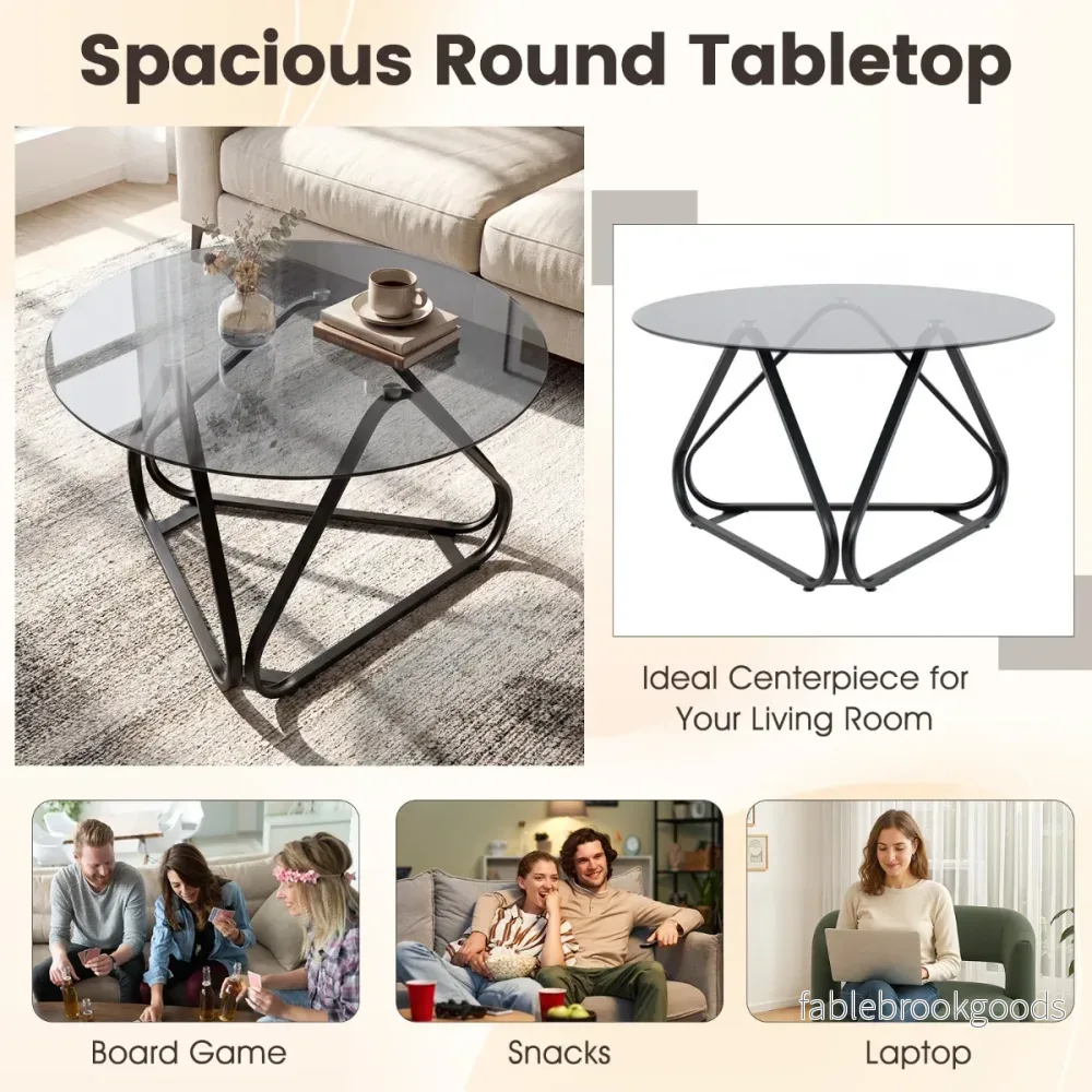 Runt – soffbord med härdat glas och metallram Modernt Sidobord – Svart - Bild 3