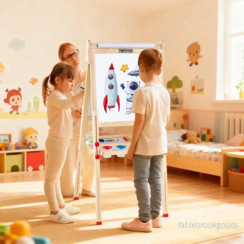 Trä – Konststaffli för Barn i ihopfällbar dubbelsidig magnetisk med Whiteboard Tavel – 3 1 – Natur - Bild 3