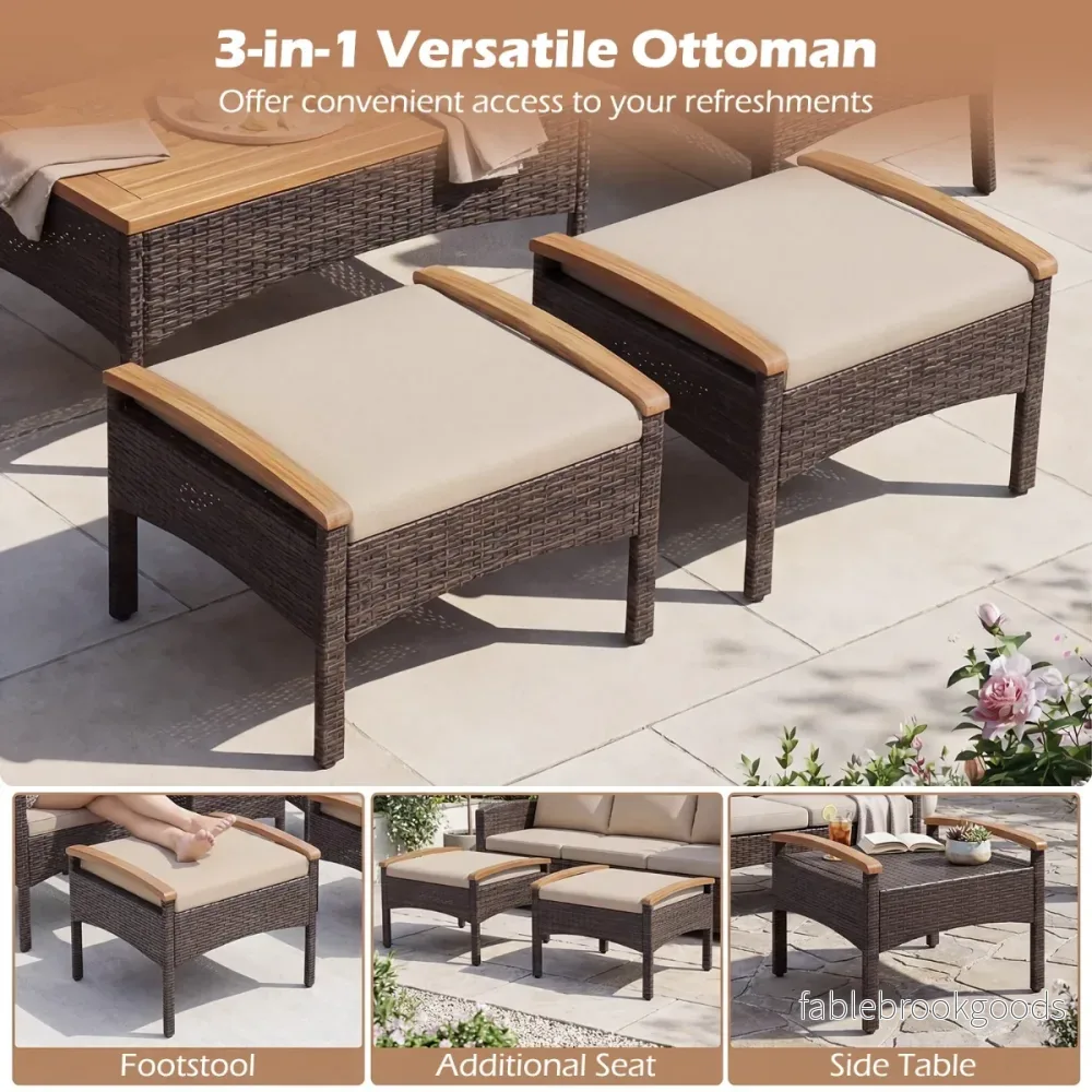 Rattan – trädgårdsmöbel inklusive stolar med pallar och bord kuddar, akacie trä, balkonset – 2 – Beige - Bild 3