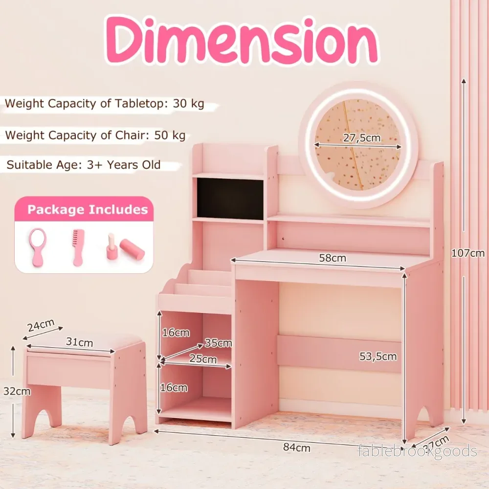 Barn – Sminkbord med Spegel och Ljus Prinsessa Lekbord Hylla Ringspår Polsterad Pall – Rosa - Bild 2
