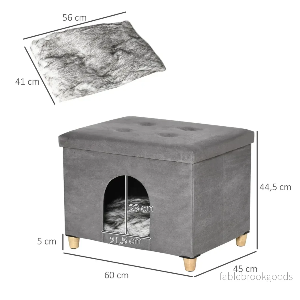 2-i-1 Cat Cave Fotpall med kudde, träben, grå - Bild 3