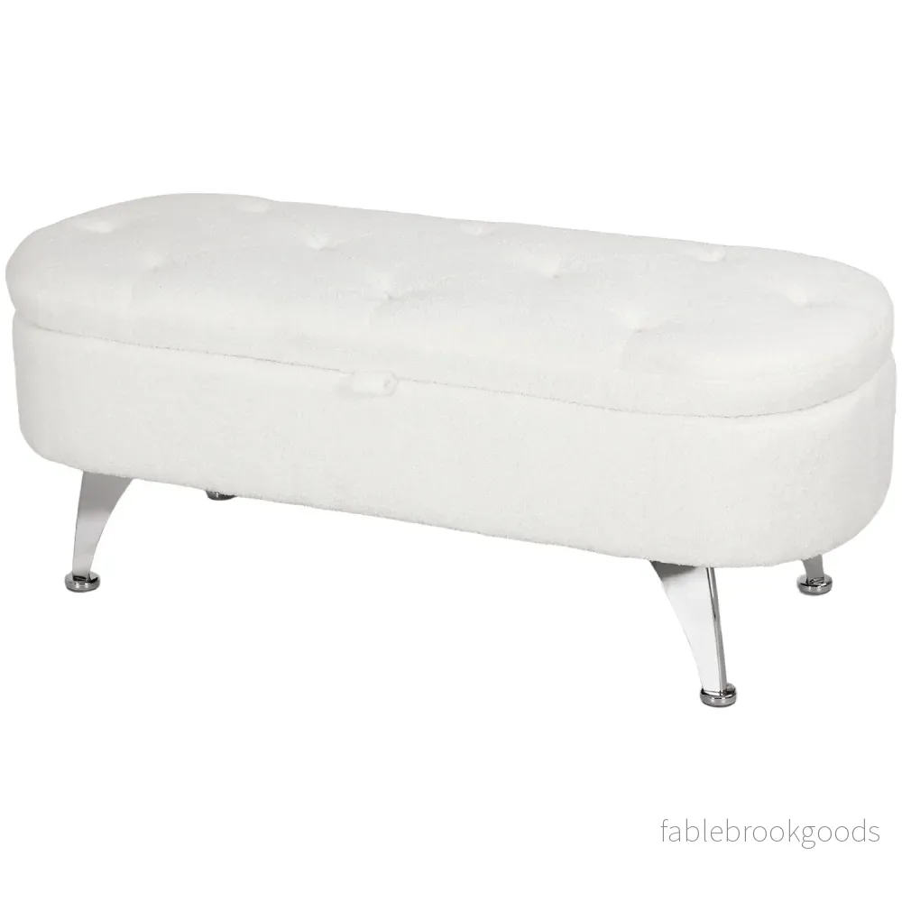 Förvaringsbänk med lock, vit sammet, metallram, 114cm