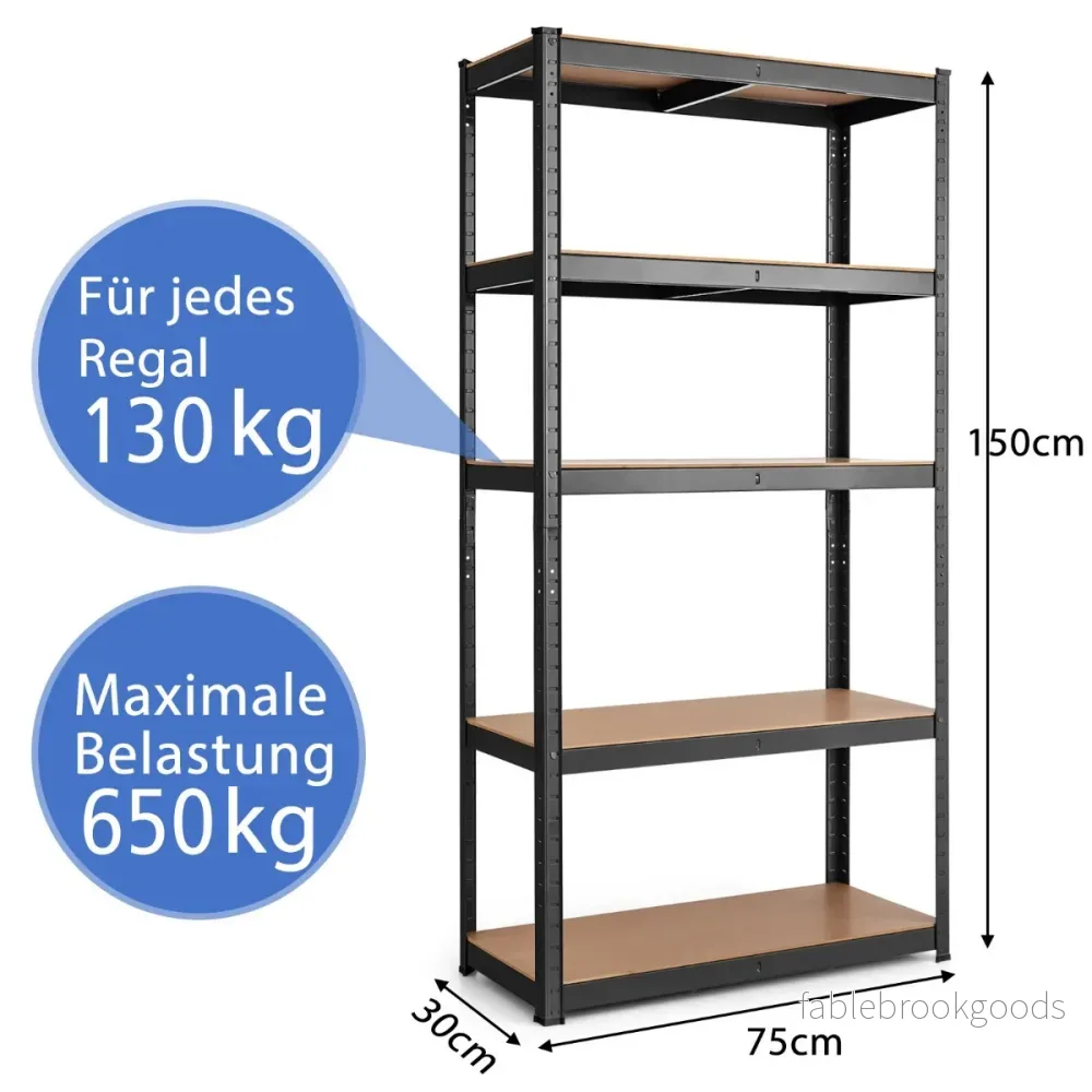 Förvaringsställ – med nivåer metallram Metallhylla upp till Lastkapacitet – 5 650 kg 75 x 30 x 150 cm – Svart - Bild 2