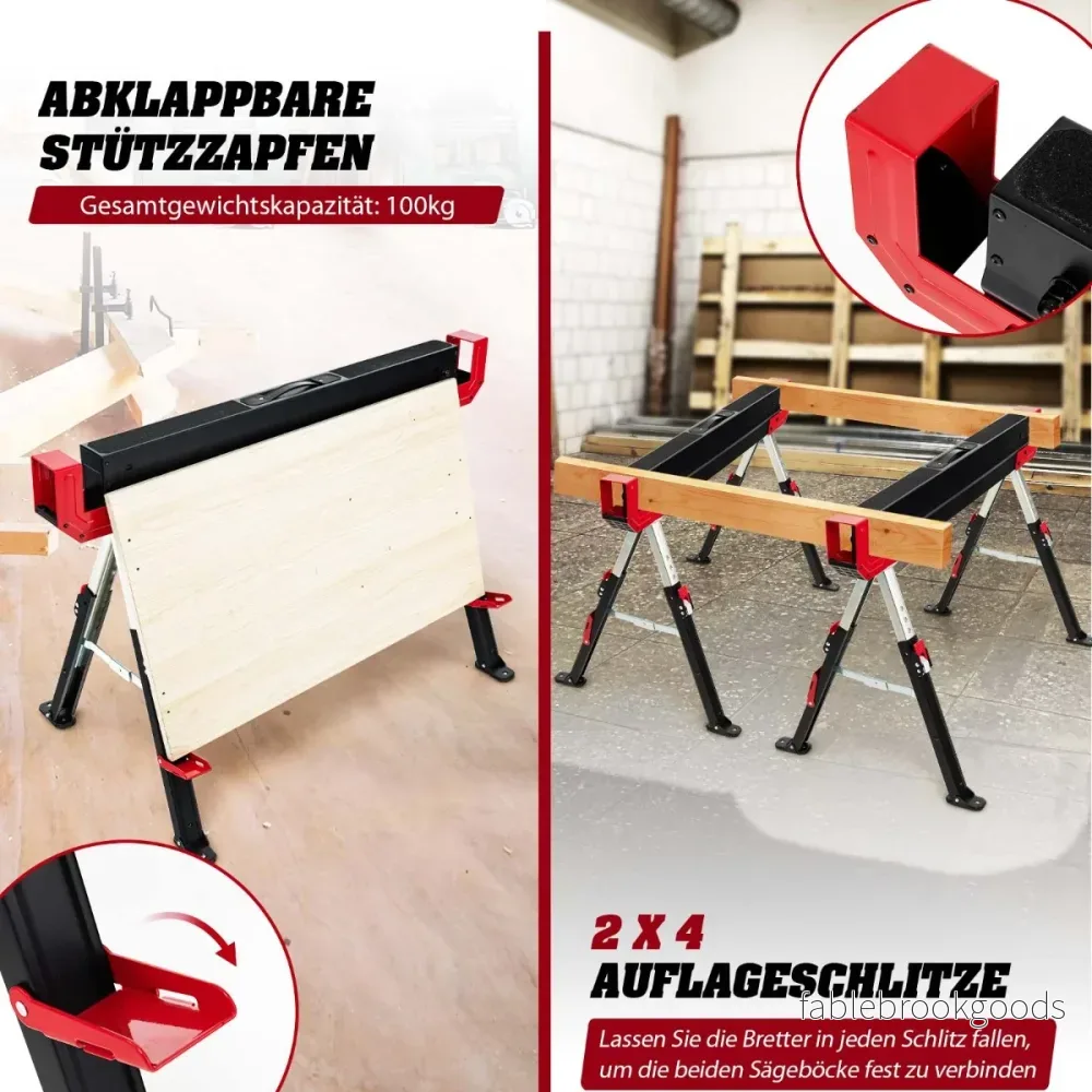 Hopfällbar – såghäst i pack av stål med stödarmar Höjdjusterbar – 2 2 x 4 61,5-82,7 cm – Röd och svart - Bild 3