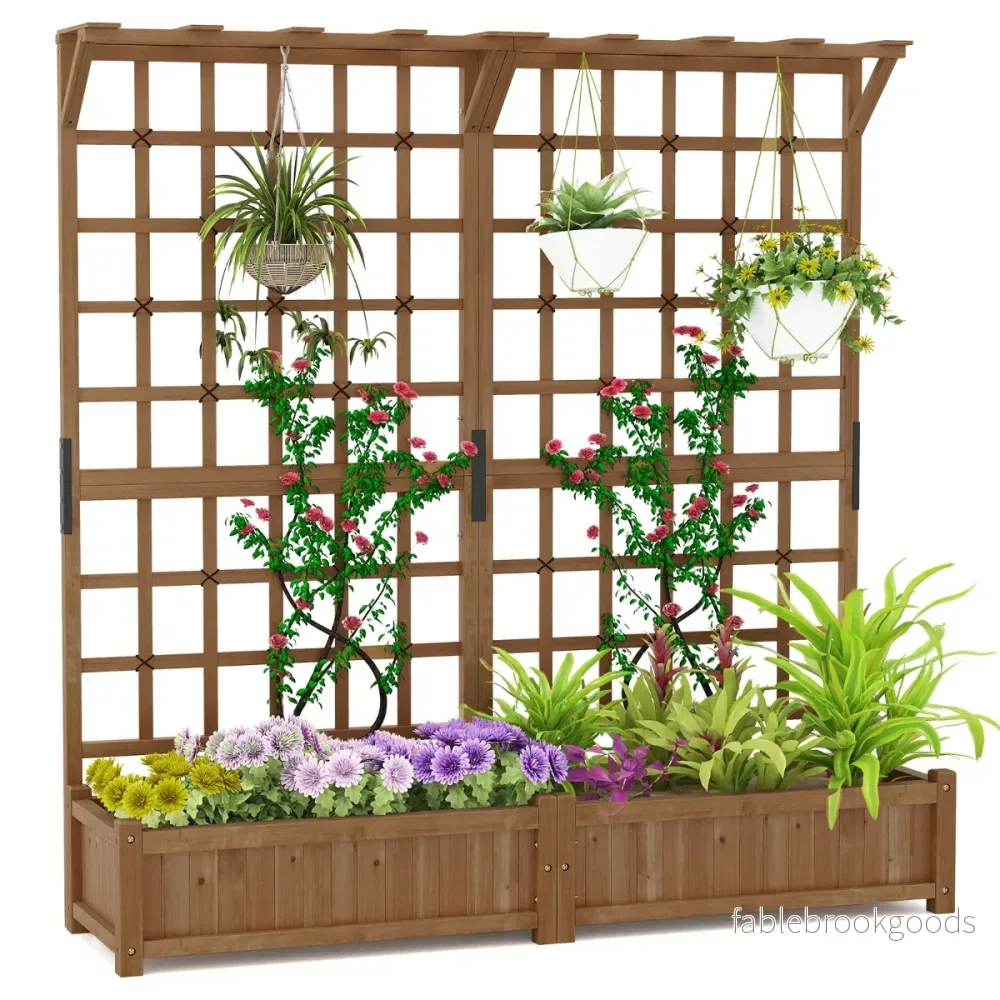 Blomlåda – med spaljé och tak, granträ planteringslåda klätternät – Brun