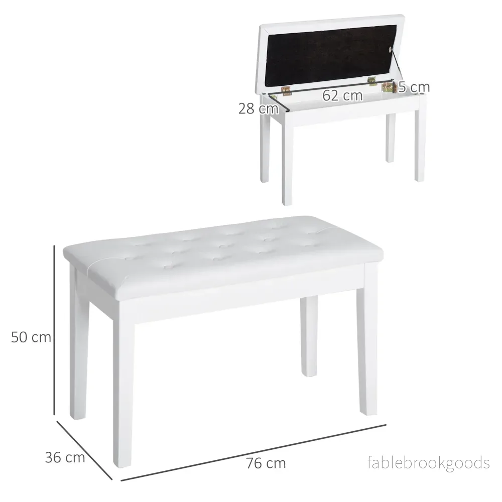Pianopall i vit konstläder med förvaring, gummiträ - Bild 3