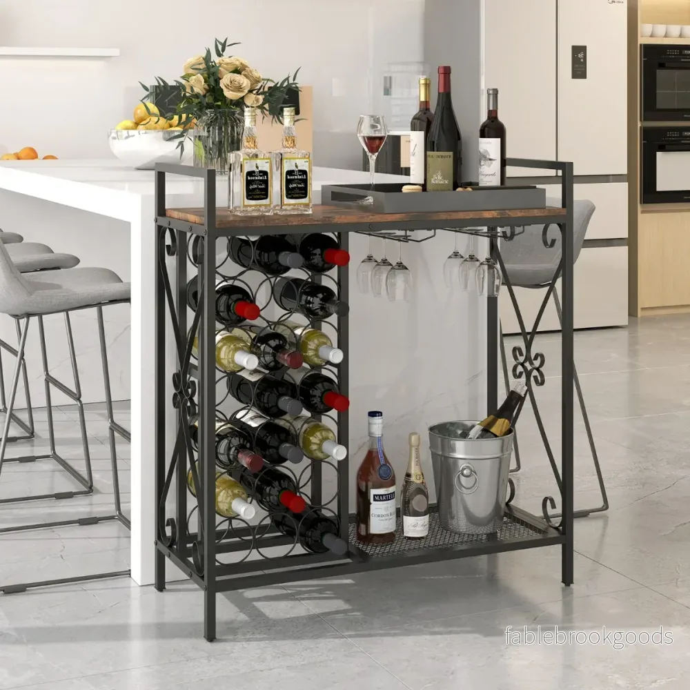 Vinställ – för flaskor med glasstöd och bordsskiva Fritt stående flaskställ – 21 – Brun - Bild 3
