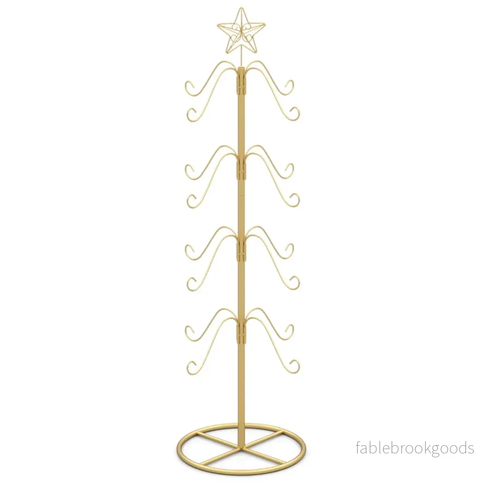 Julstrumphållare – Displayträd med Krok och Stjärntopp Prydnadshängställning Metallställare – 16 – Guld