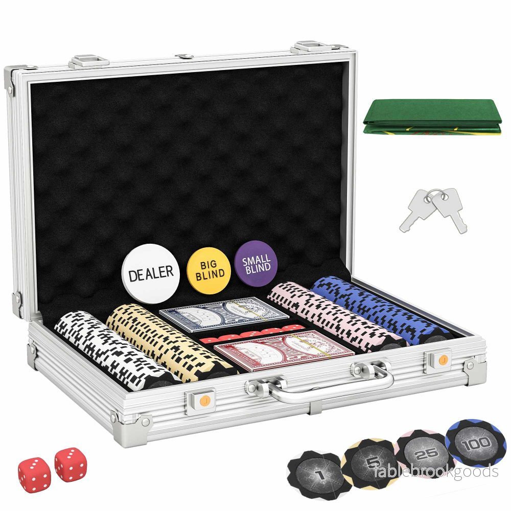 Pokerchipset med fodral, tärningar, dealerknapp, 2 kortlekar