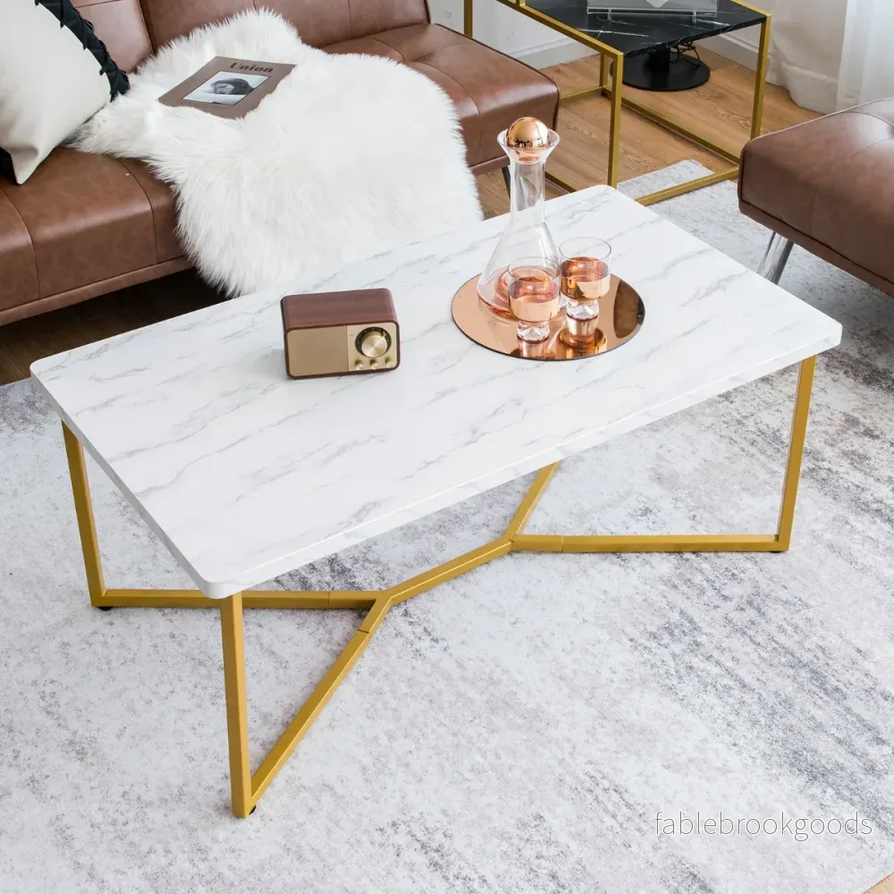 Soffbord – i marmorlook med gyllene metallram och justerbara fotkuddar – Vit - Bild 3