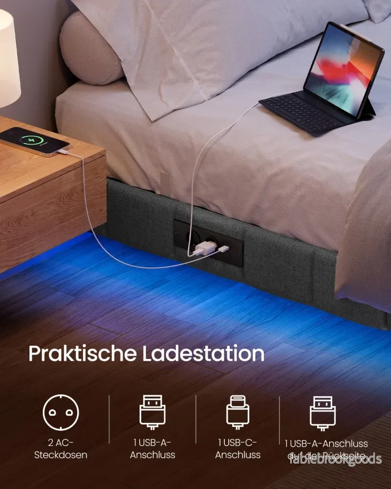 Bedframe - 200 x 160 x 26 cm - zwevend effect - ledverlichting - gestoffeerde zijpanelen - 2 stopcontacten - 2 USB-A-poorten - 1 USB-C-poort - leigrijs - draagvermogen tot 500 kg - Bild 3