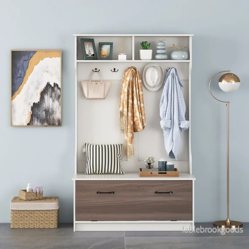Klädstativ – med bänk och dubbla krokar klädhängare Hall – 5 100 x 40 x 160 cm – Vit - Bild 3
