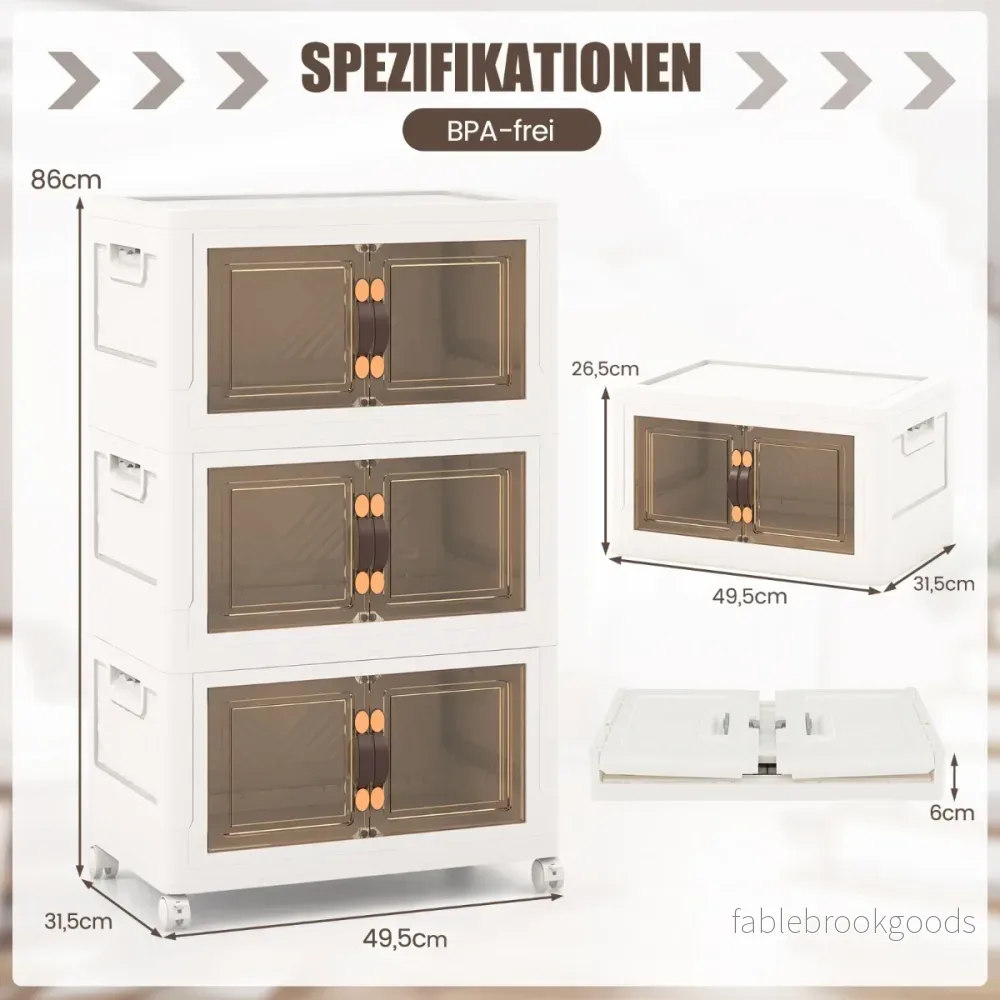Set – med stapelbara förvaringslådor lock och hjul dörrar – 3 49,5 x 31,5 x 86 cm – Vit - Bild 2