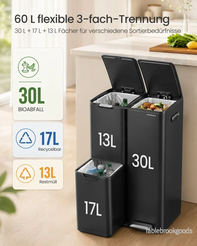 Pedaalemmer - Met Afvalscheiding en 3 Vakken - Zwart - 46,7 x 39 x 71,9 cm - Bild 3