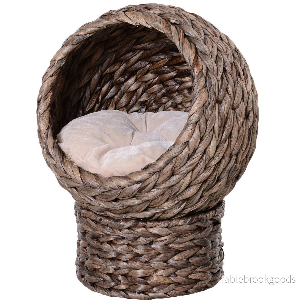 Rattan Cat Cave Bed, mörkbrun, vattenhyacint, med kudde