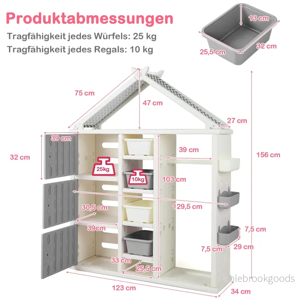 Barnhylla – i husform med klädhängare Barnbokhylla Leksakshylla hyllor – Grå - Bild 2