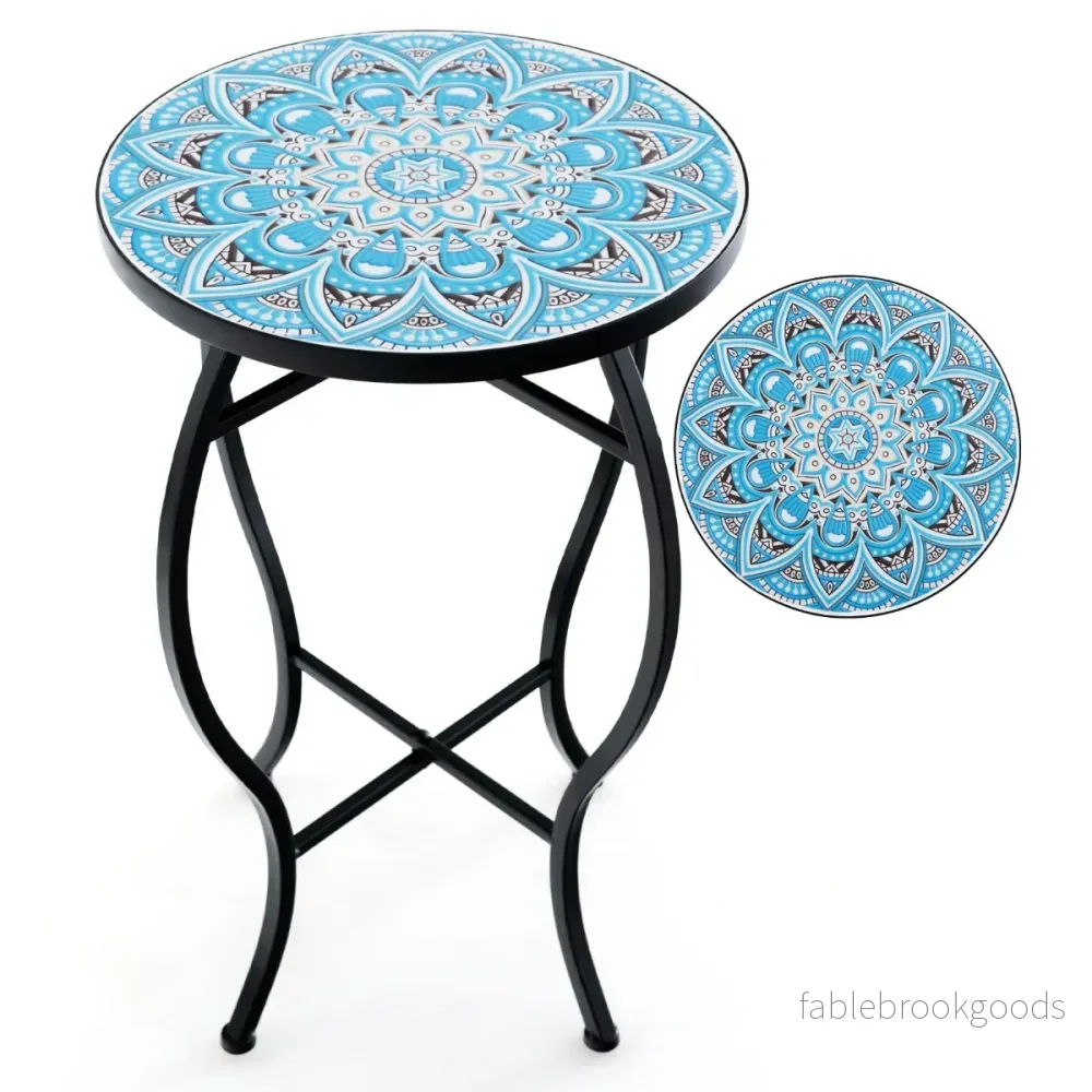 Sidobord – Mosaikbord Runt Mosaikträdgårdsbord Bistrobord och – 35 x 55 cm – Blå
