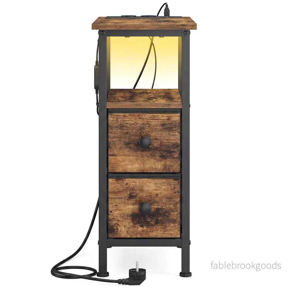 Bijzettafel – Ledverlichting – Met Stekkerdoos – 2 Lades – Bruin Bijzettafel – Ledverlichting – Met Stekkerdoos – 2 Lades – Bruin