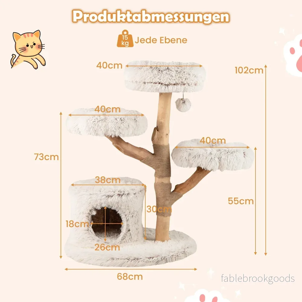 Hög – Modern Klösträd med Äkta Trästam och Hängande Boll Klättertorn för Katter – 102 cm – Vit - Bild 2