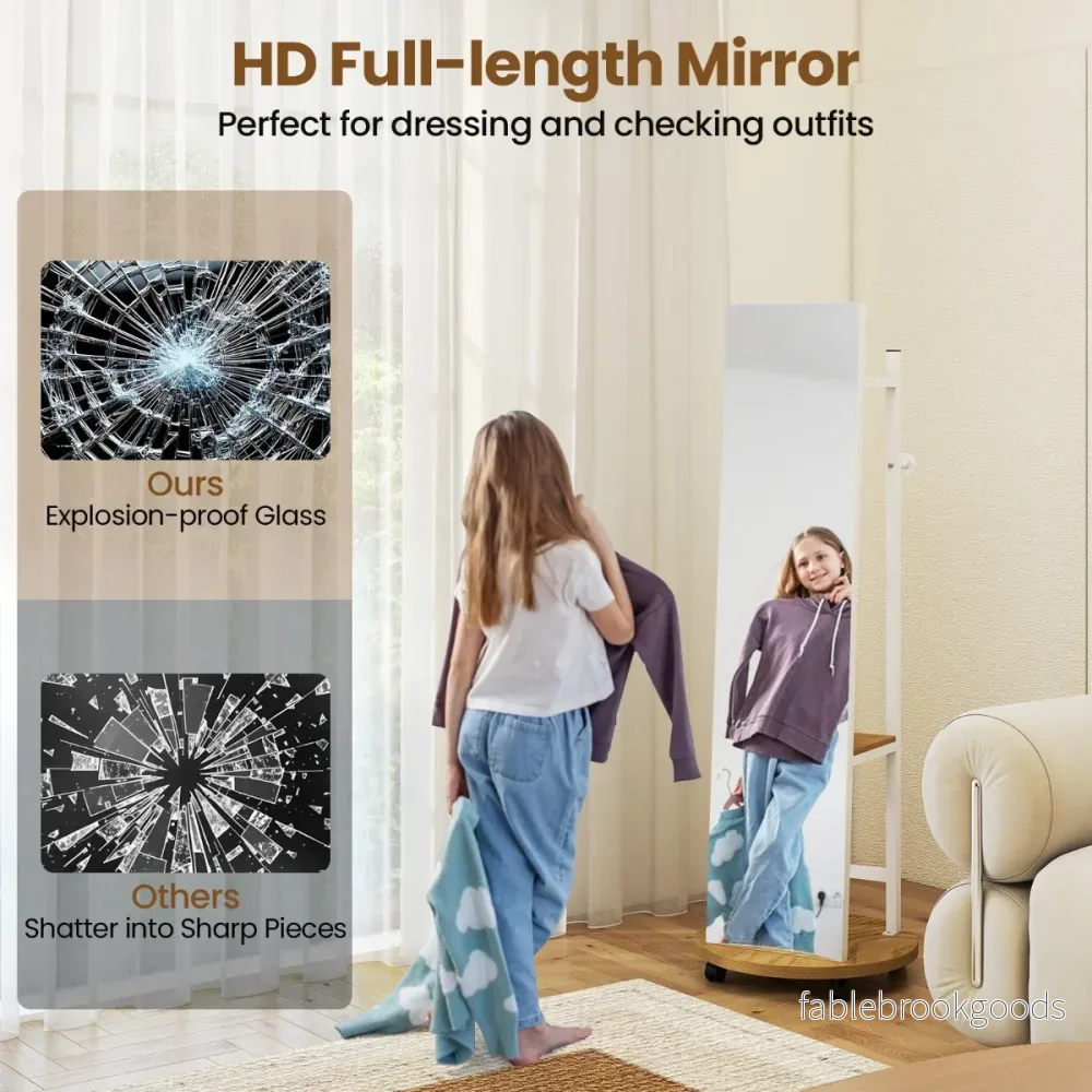i – helkroppsspegel med krokar och förvaringsfack universella hjul Vitt – 2 1 3 – Vit - Bild 3