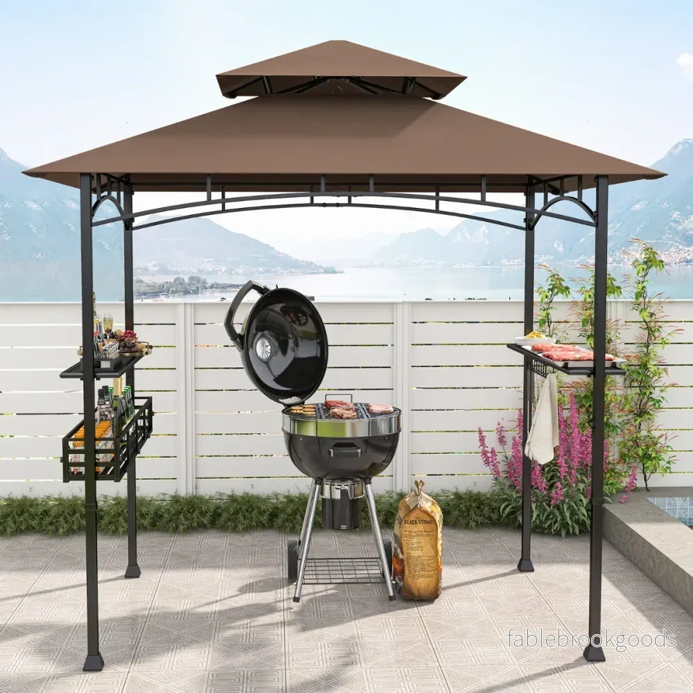 Grillpaviljong – med dubbelt tak och sidobord metallkorg grillöverbyggnader grillskydd – Brun - Bild 3