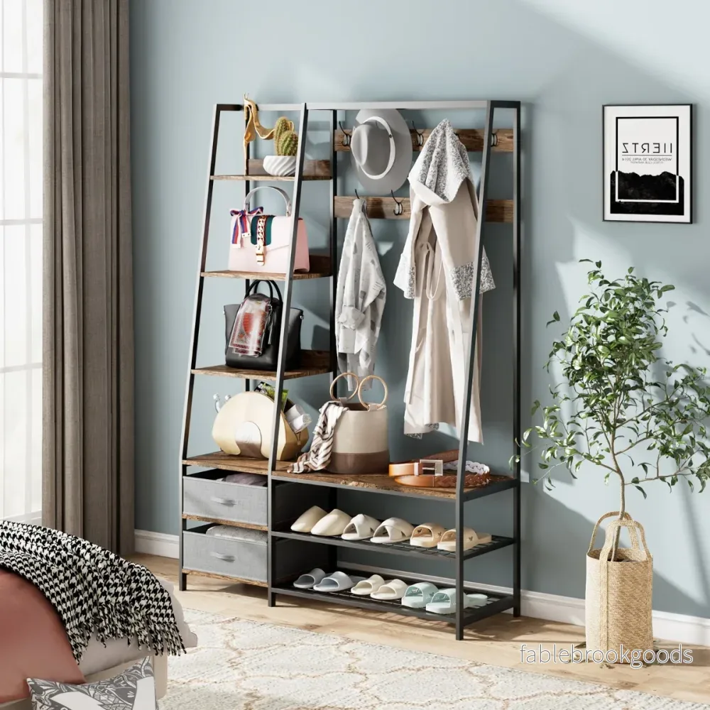 Industriell – garderob med skobänk för entrén Rustikbrun – 122 x 40 x 180 cm – Brun - Bild 3