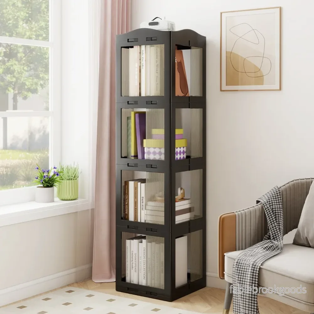 360° – Svängbar Bokhylla Ihopfällbar Ställhylla Transparent Kontorshylla – 36.5 x 36 x 141.5 cm – Svart - Bild 3