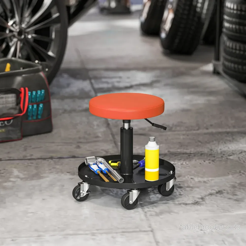 Verkstadspall med hjul, höjdjusterbar från 38-50cm, lastkapacitet upp till 135 kg, Orange - Bild 2