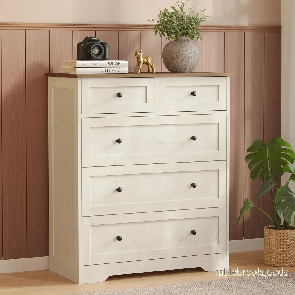Commode – 5 Lades – Landelijke Stijl – 80 cm Breed – Vintage Wit-Honingbruin
