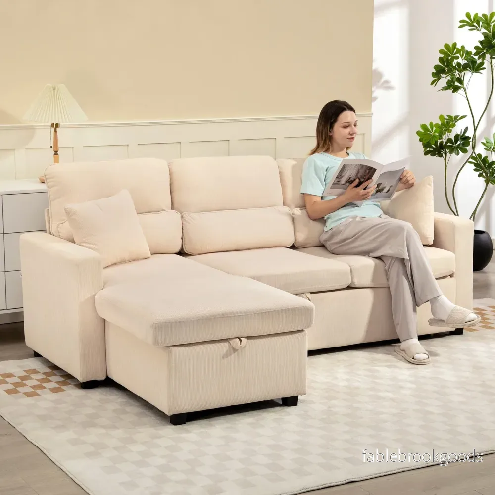 Ställbar L-formad bäddsoffa med förvaring, beige - Bild 2