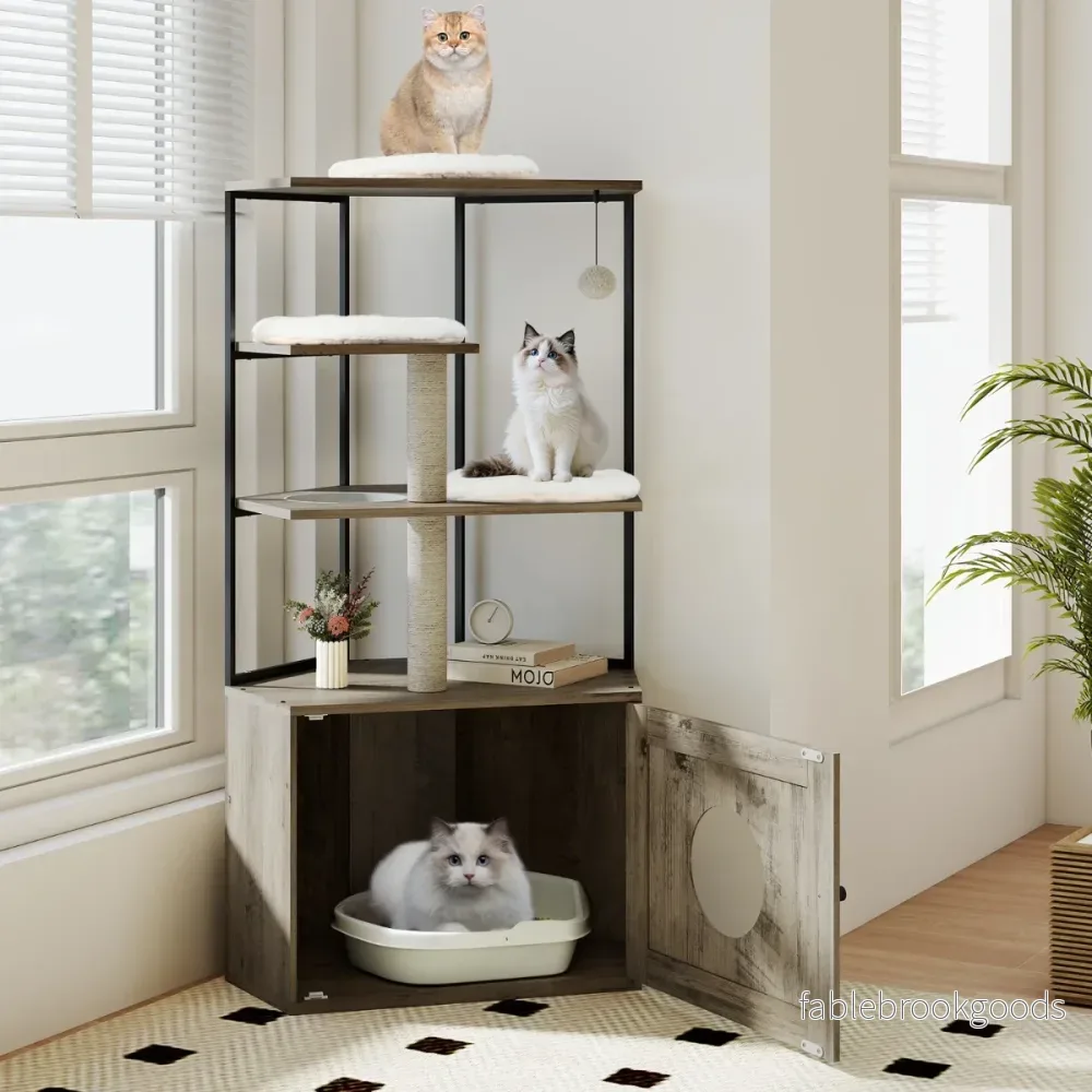 Klösträd – med Kattsandlåda Skåp och Katthål Matt för Kattmöbel – Brun - Bild 3