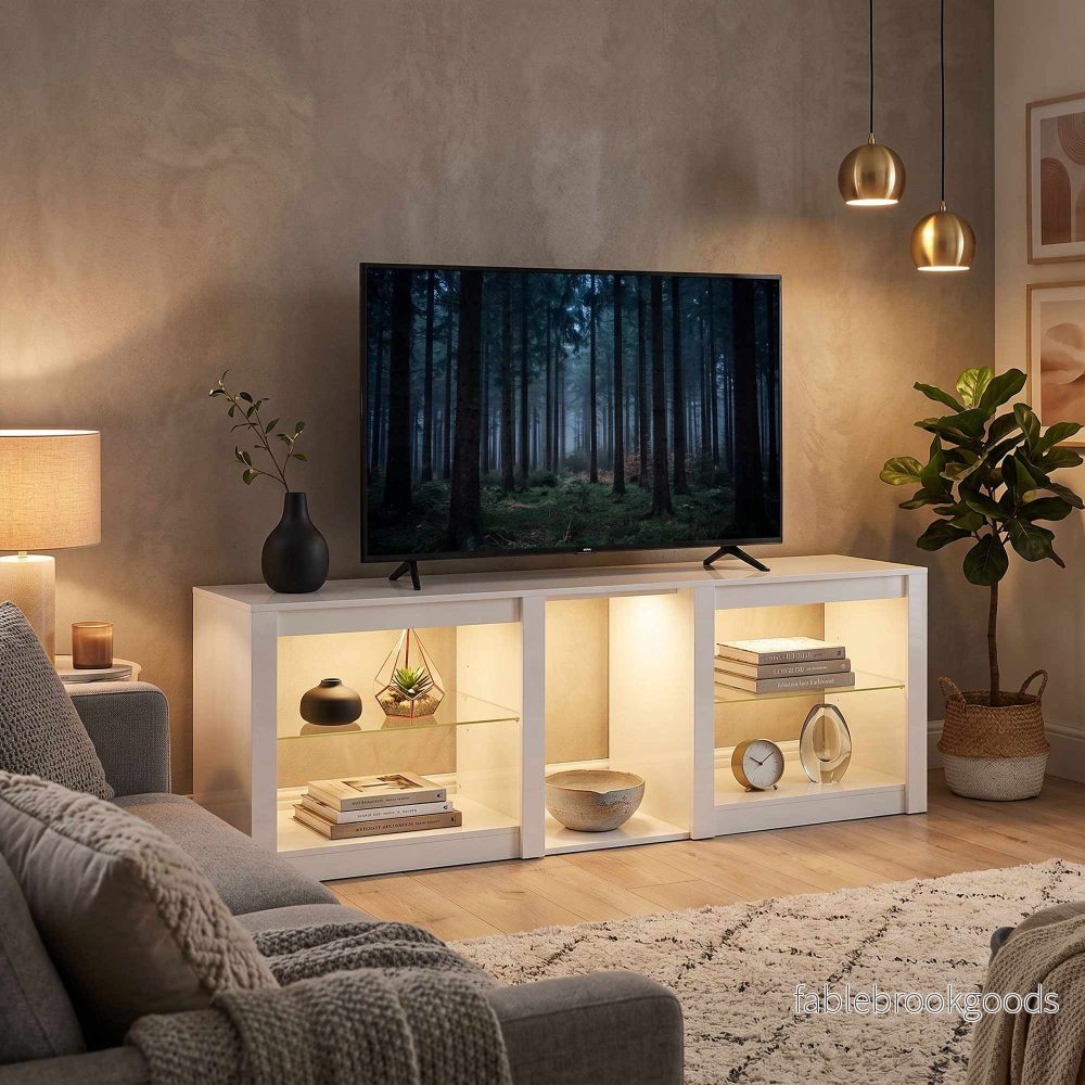TV-bänk med RGB LED-lampor, högblank vit, 160 cm - Bild 2