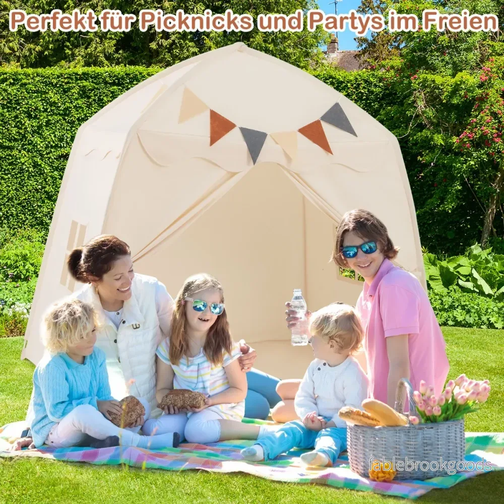 Lektält – för barn med Flaggor och Fairy Lights Sängtält Extra Large Lekstuga Läshörna – Beige - Bild 2