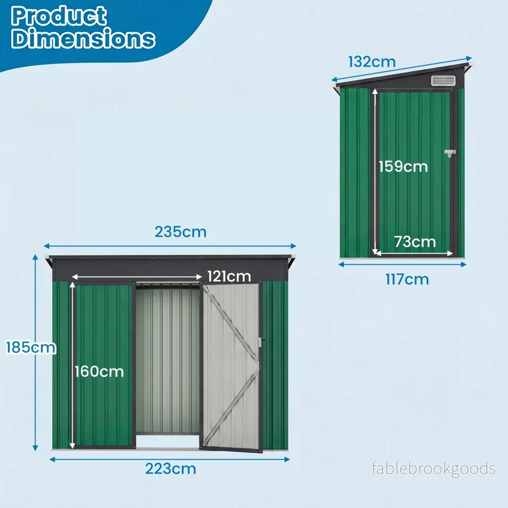 Metallträdgårdshus – med framdörr, sidodörr och lutande tak, förrådshus i grönt - Bild 2