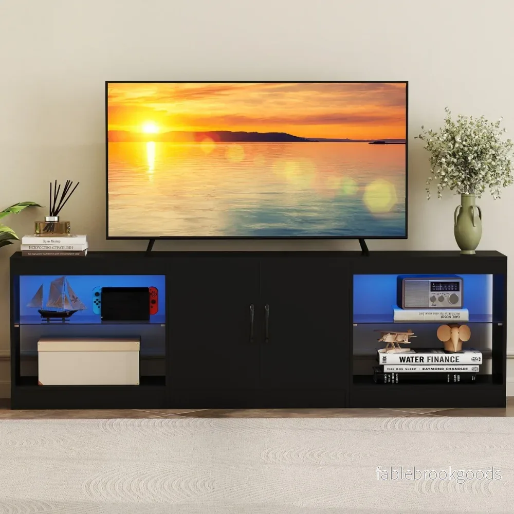 i – TV Skåp för upp till Tum Lowboard med LED Belysning och Justerbart Glas Hylla – 3 1 85 – Svart - Bild 3