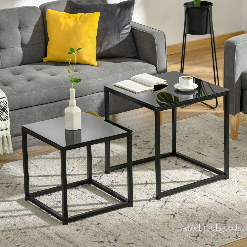 Svart häckande soffbordsset – Glasskiva, stålram - Bild 2