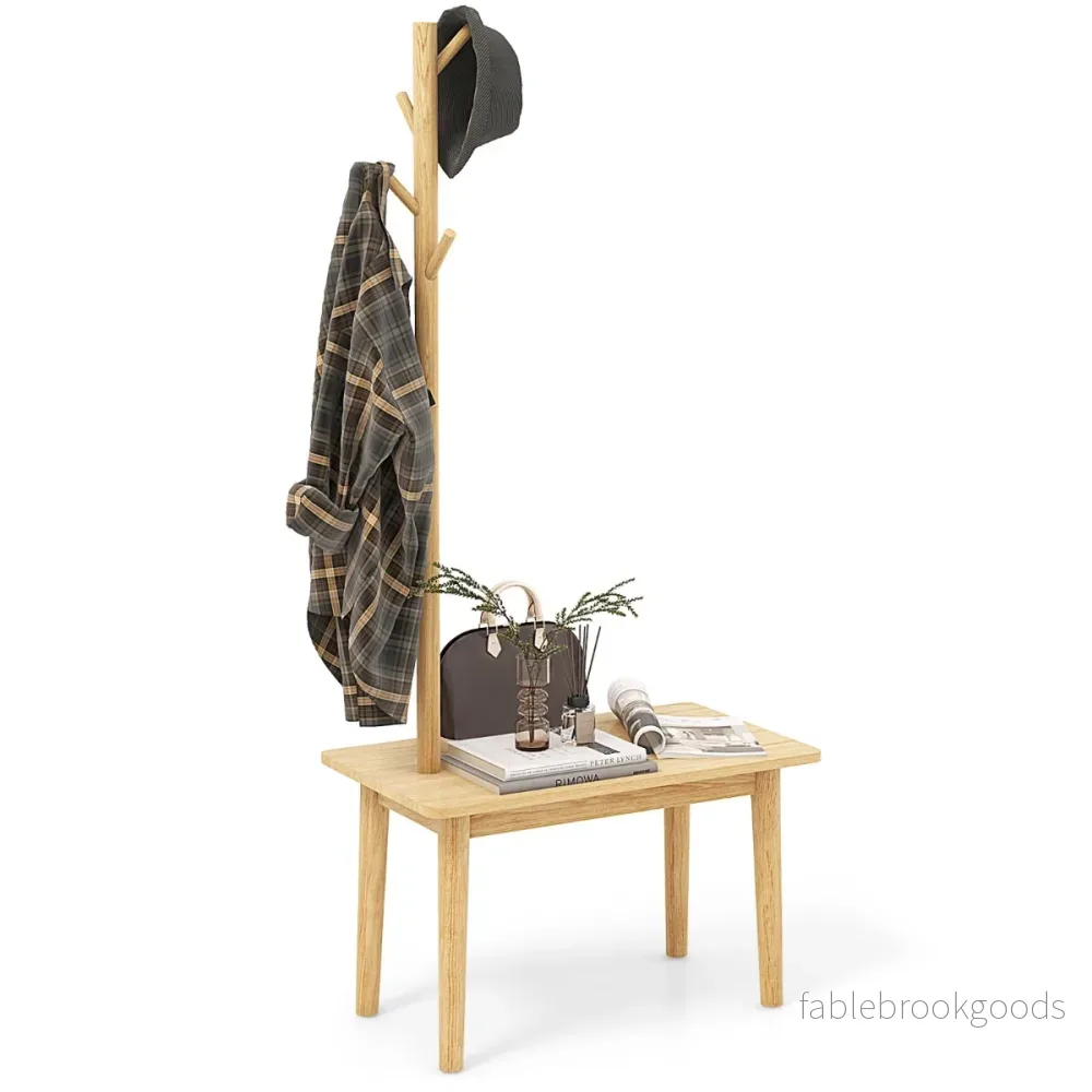 i – sidobord av massivt trä klädhängare med skobänk – 3 1 76 x 43 x 168 cm – Natur - Bild 2