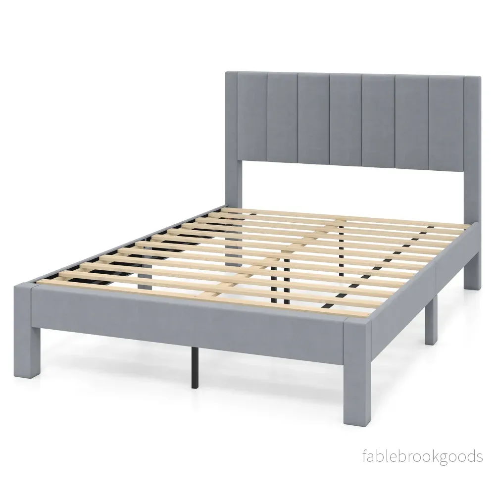 Sängram – för madrass, sammetstyg, vadderad plattformssäng – 200 x 140 cm – Grå