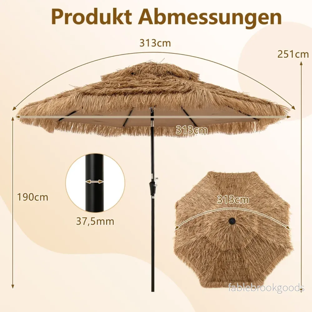 Solsäng – Hawaii Stråskärm med LED solbelysning och dubbelt tak +Svart – 300 cm – Natur